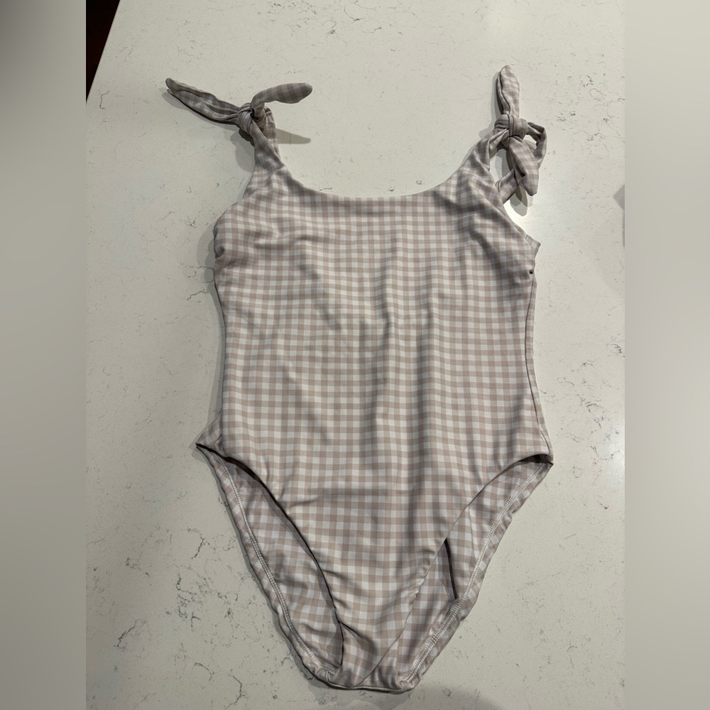 Women's Gingham Checkered One-Piece Swimsuit -Tan and White